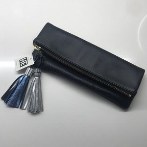 HE Hechizo Black Vegan Leather Foldover Clutch with Tassels
